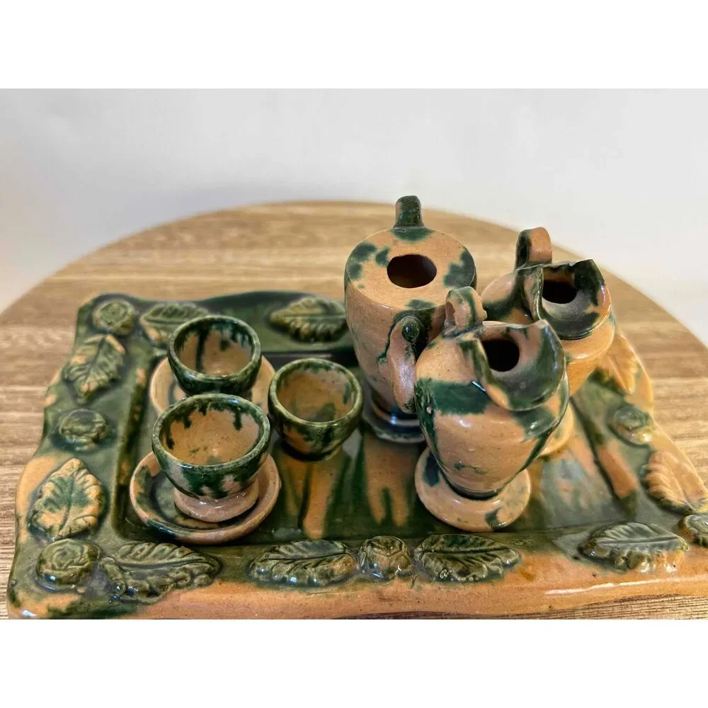 Majolica Pottery Miniature‎ Dollhouse Tea Set 9 Pieces Green Beige Rustic